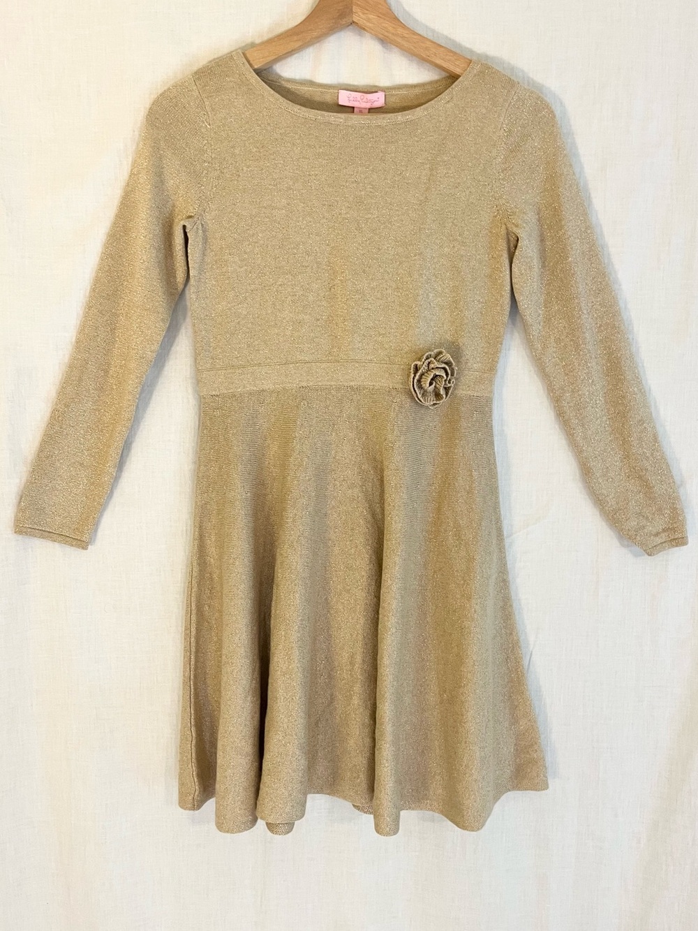 NWT Lilly Pulitzer Shimmery Gold Long-Sleeve Fit-and-Flare Dress with Flower